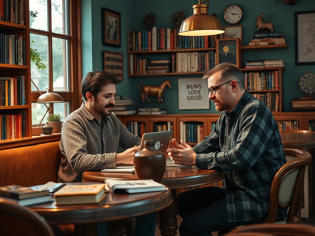 Два мужчины обсуждают информацию за столом в уютной библиотеке с книжными полками.