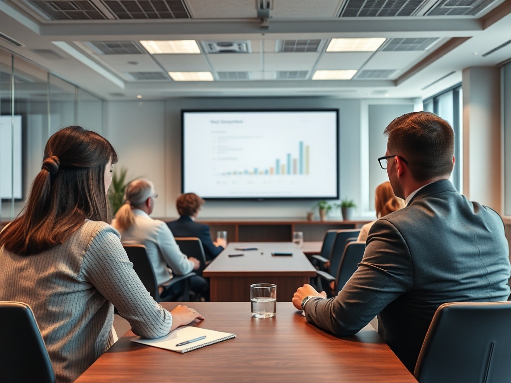 В заседании участвуют несколько человек, внимание сосредоточено на презентации с графиками.