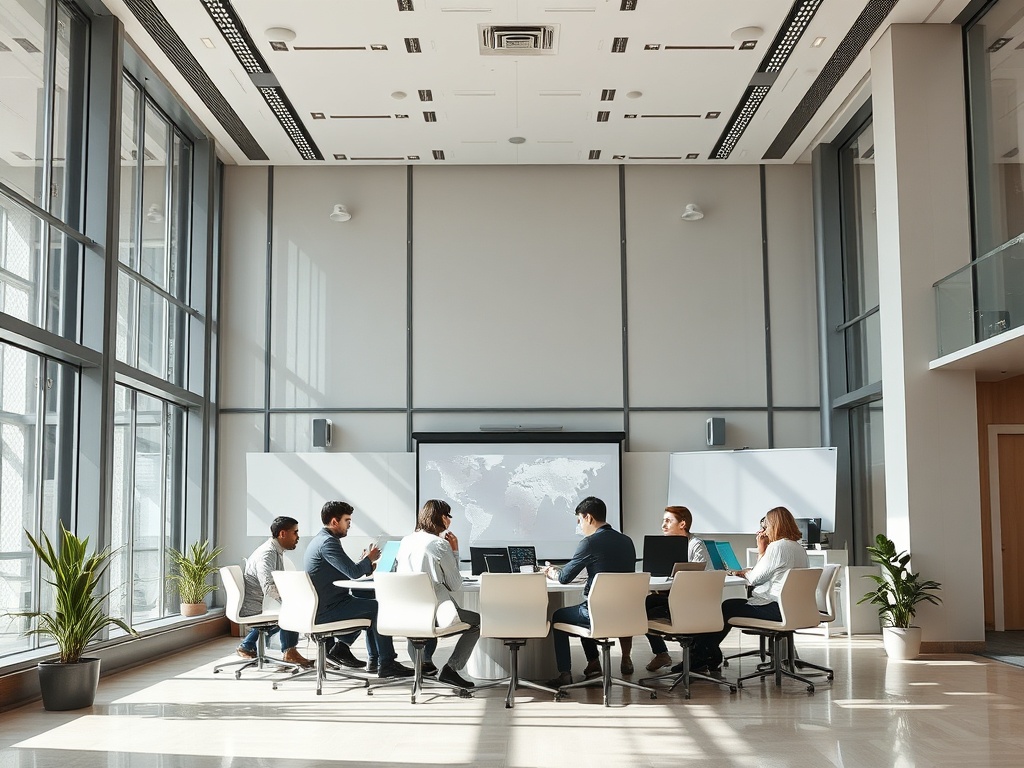 Группа людей на бизнес-встрече в светлом офисе с большими окнами и современным оборудованием.