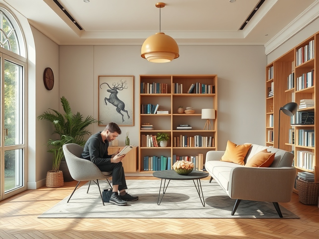 Современная гостиная с читателем, библиотекой и уютной мебелью, наполненная естественным светом.