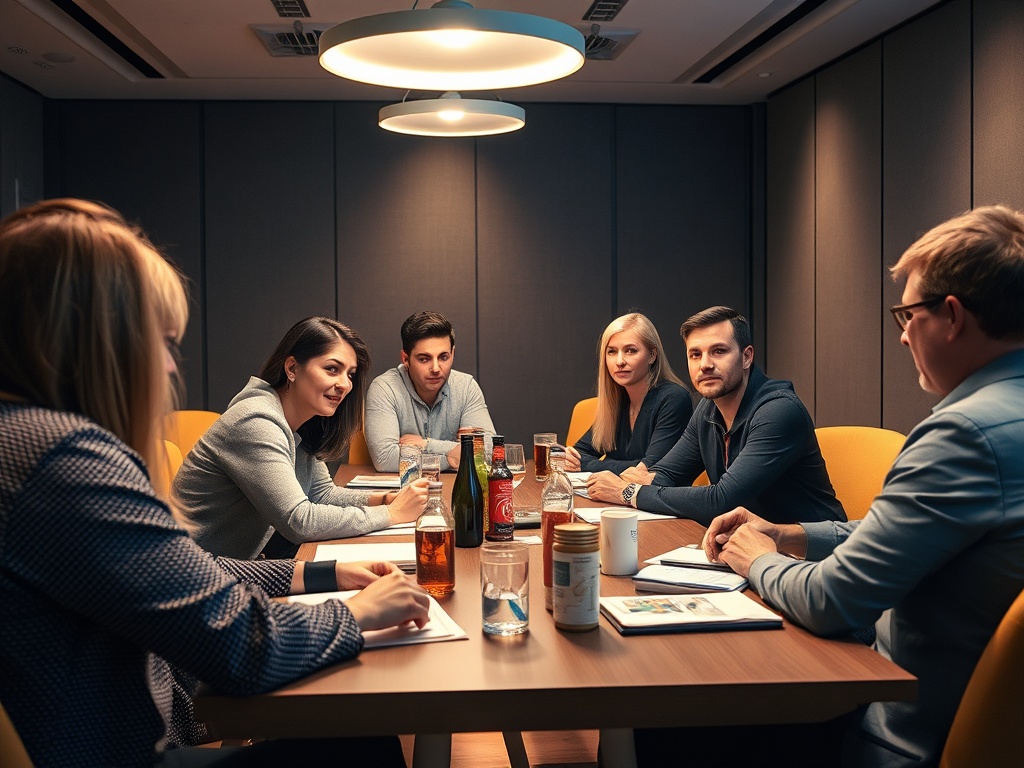 Группа людей в конференц-зале на заседании, обсуждают идеи и стратегии. На столе напитки и блокноты.