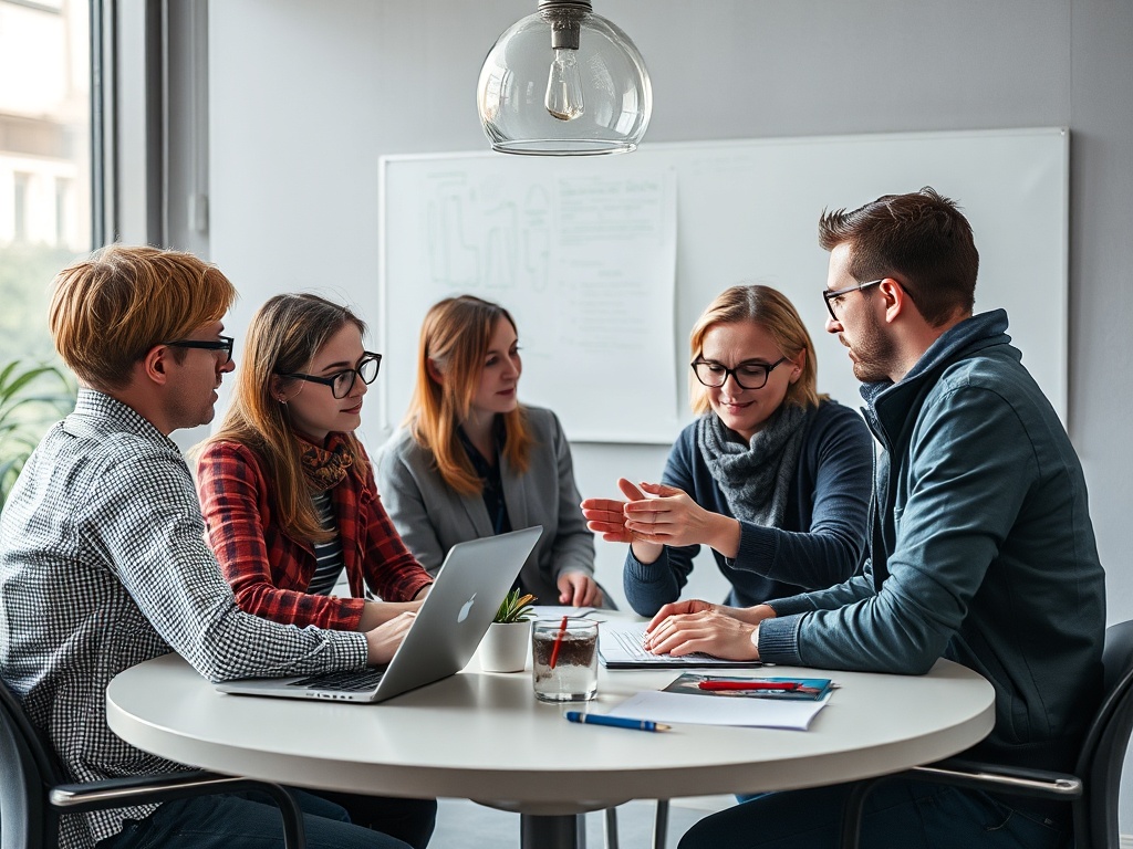 Группа людей обсуждает проект за круглым столом в современном офисе. На столе ноутбук и документы.