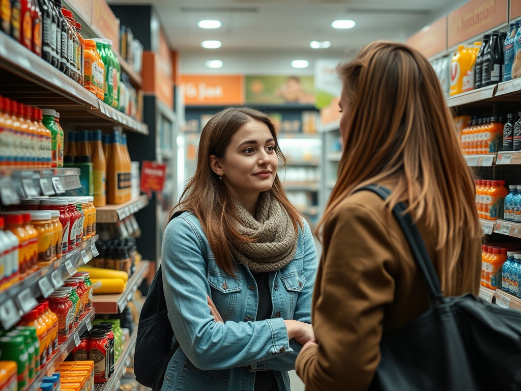 Две девушки разговаривают в магазине, окруженные яркими напитками и соусами на полках.