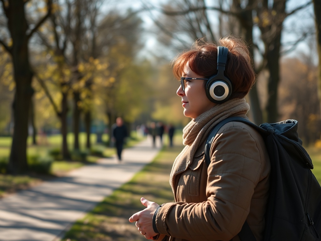 Женщина в наушниках идет по парку, наслаждаясь музыкой и солнечным днем. Березы и другие люди вокруг.
