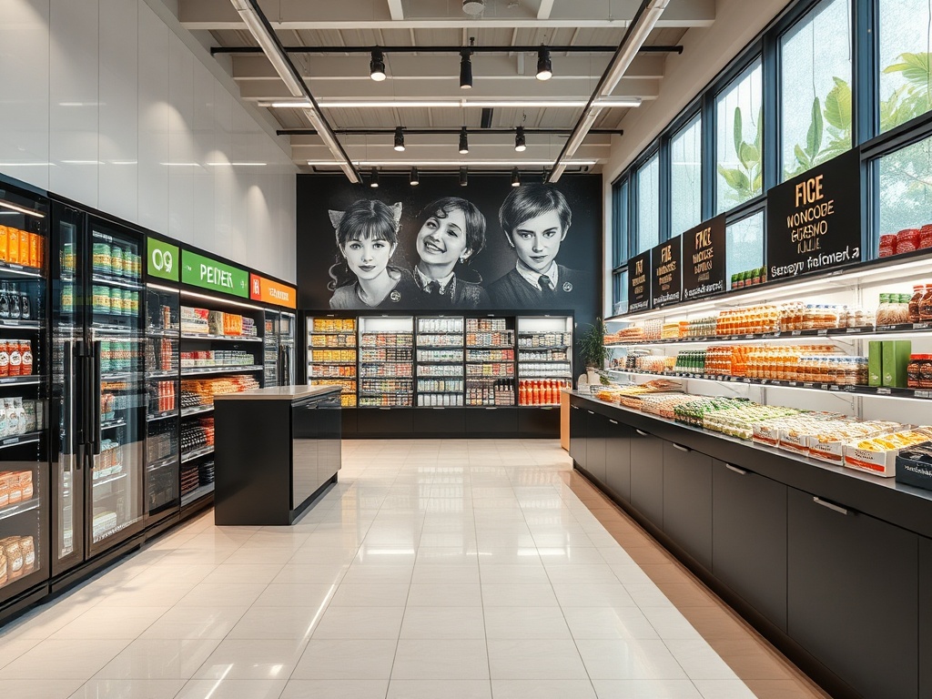 Современный супермаркет с яркими полками и изображением трёх людей на стене. Много товаров на витринах.