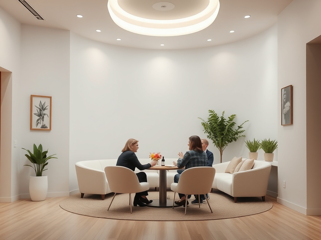 Три человека сидят за круглым столом в уютном помещении с растениями и мягкой мебелью.