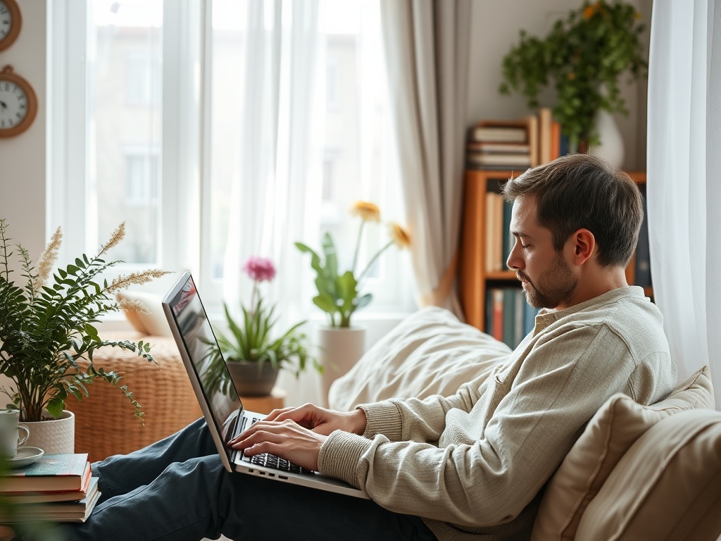 Молодой человек работает на ноутбуке, сидя на диване в уютной комнате с зелеными растениями.