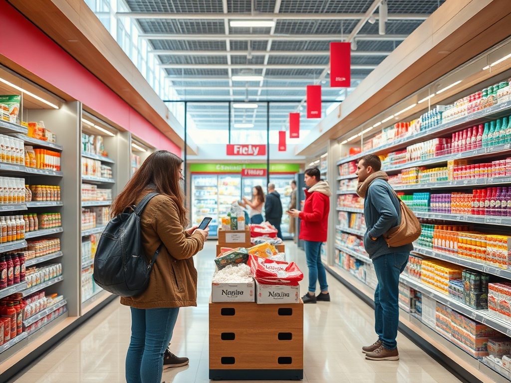 На изображении люди в магазине, выбирающие продукты с полок, один с телефоном в руках.