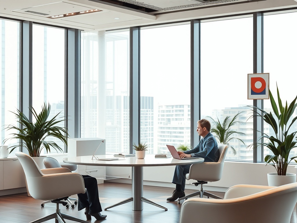 Современный офис: мужчина за столом с ноутбуком, большие окна, зеленые растения и минималистичный дизайн.