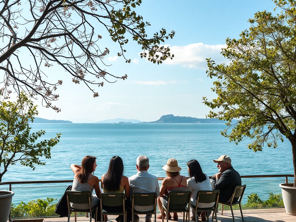 Группа людей сидит на террасе, любуясь видом на море и острова на горизонте. Солнечный день, зелень вокруг.