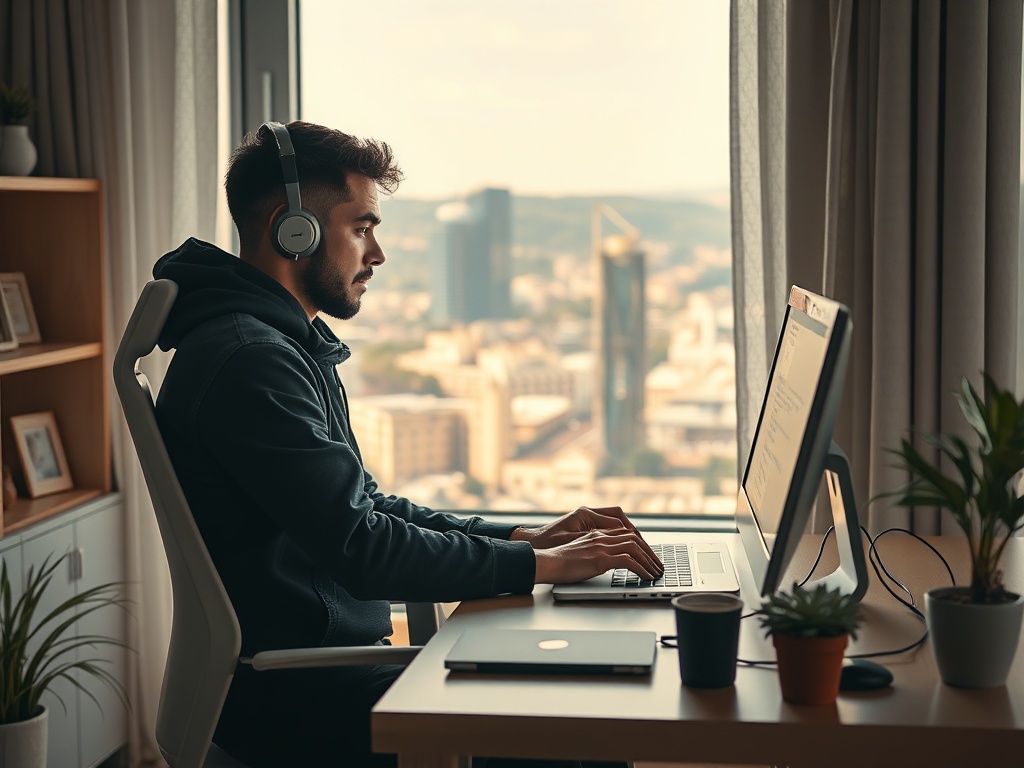 Молодой человек в наушниках работает за компьютером в современном офисе с городским пейзажем на фоне.