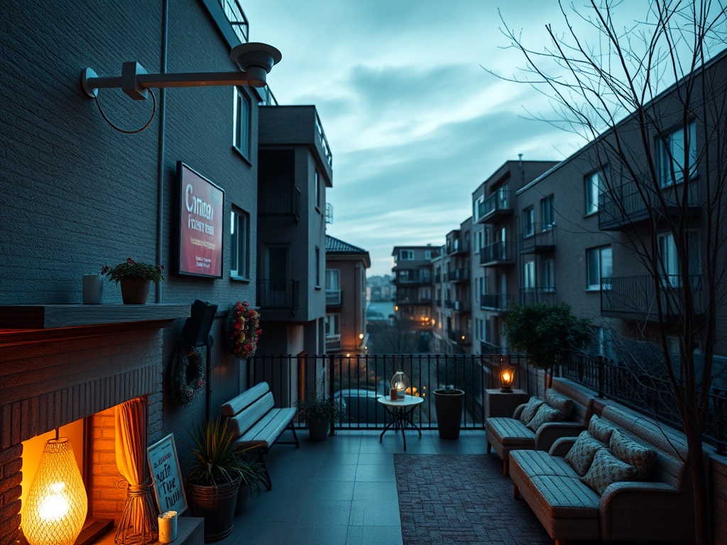 На террасе с уютными диванами и светильниками вид на вечерний город в прохладных тонах.