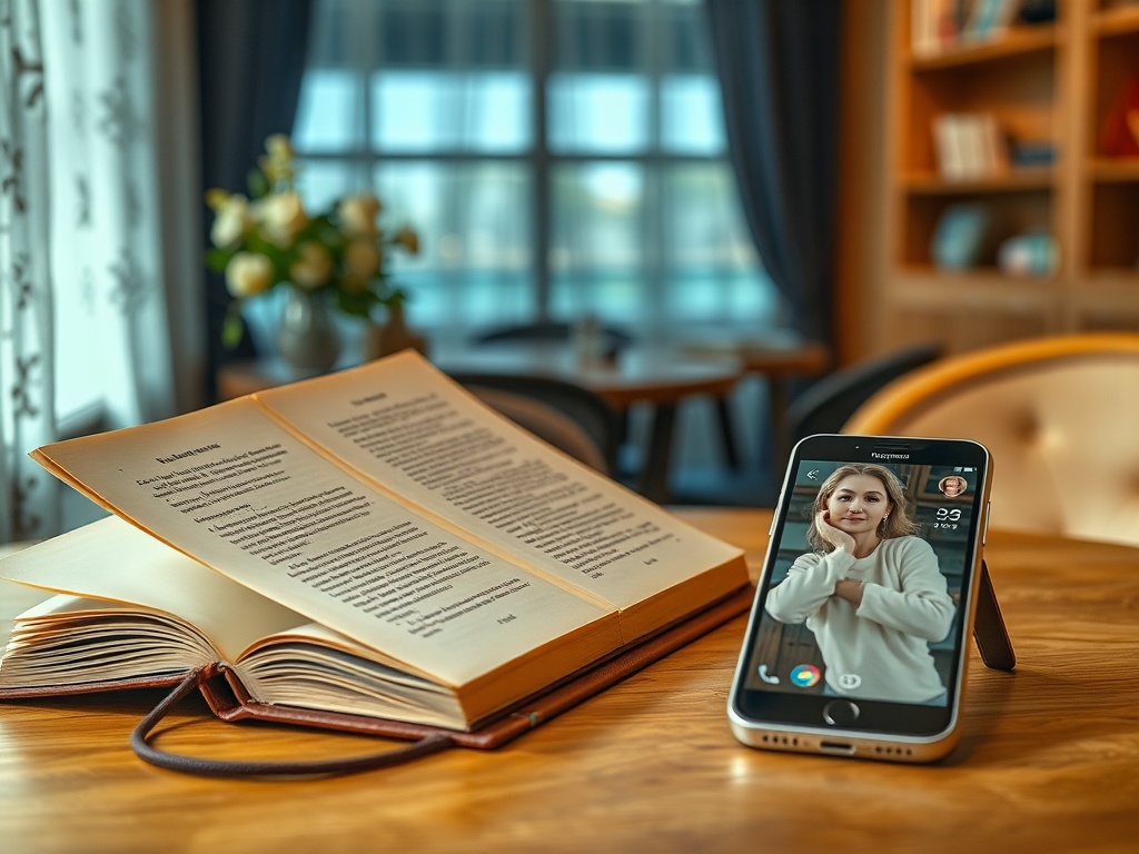 На столе лежит книга и смартфон с изображением девушки на экране, за окном виден светлый интерьер.
