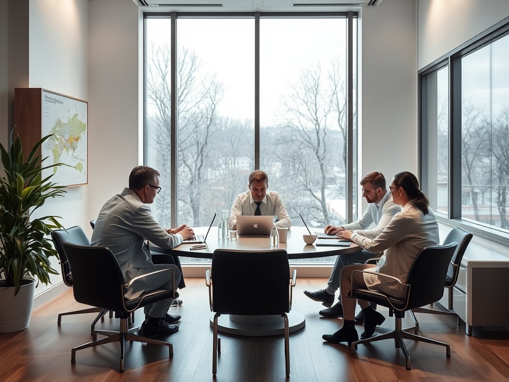 Четыре человека за столом в офисе, обсуждают идеи, за окном видны деревья и серое небо.