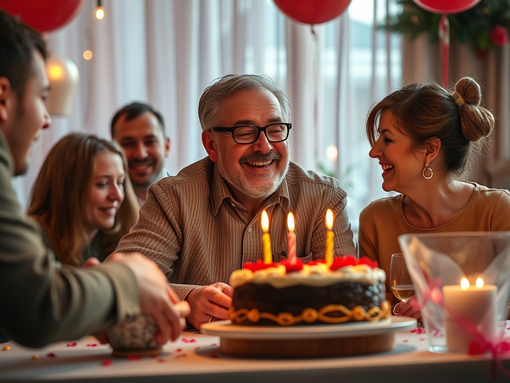 На празднике собрались друзья и семья, отмечающие день рождения с тортом и свечами. Радостные улыбки.