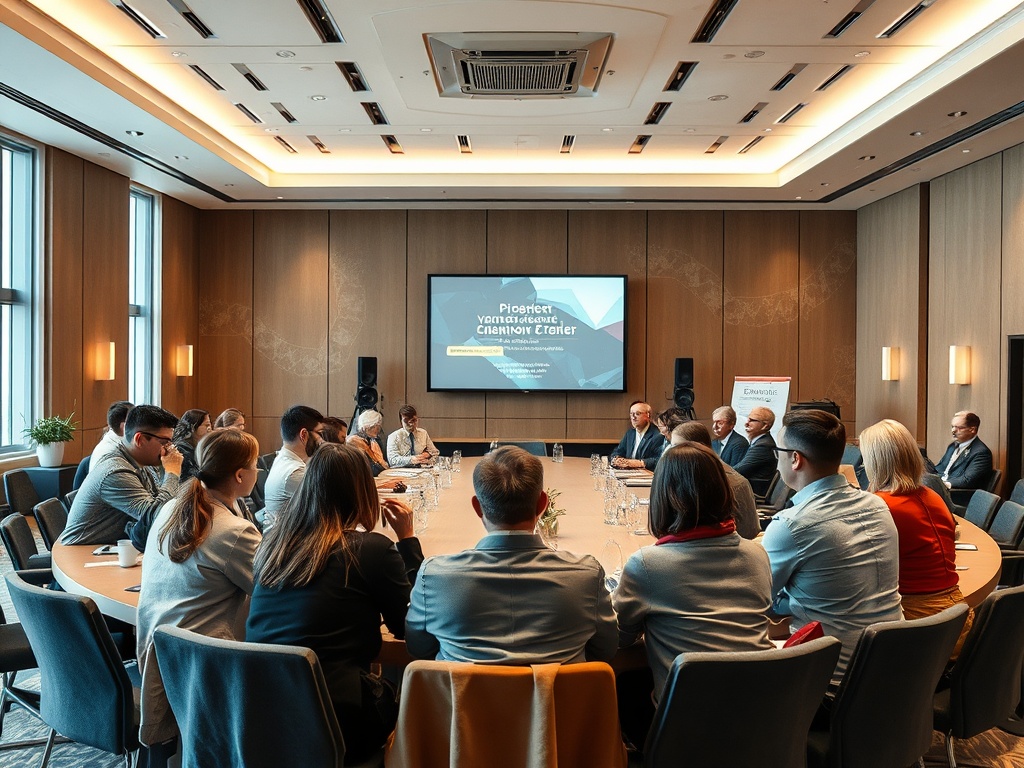 В конференц-зале проходит встреча с участниками за круглым столом. На экране презентация.