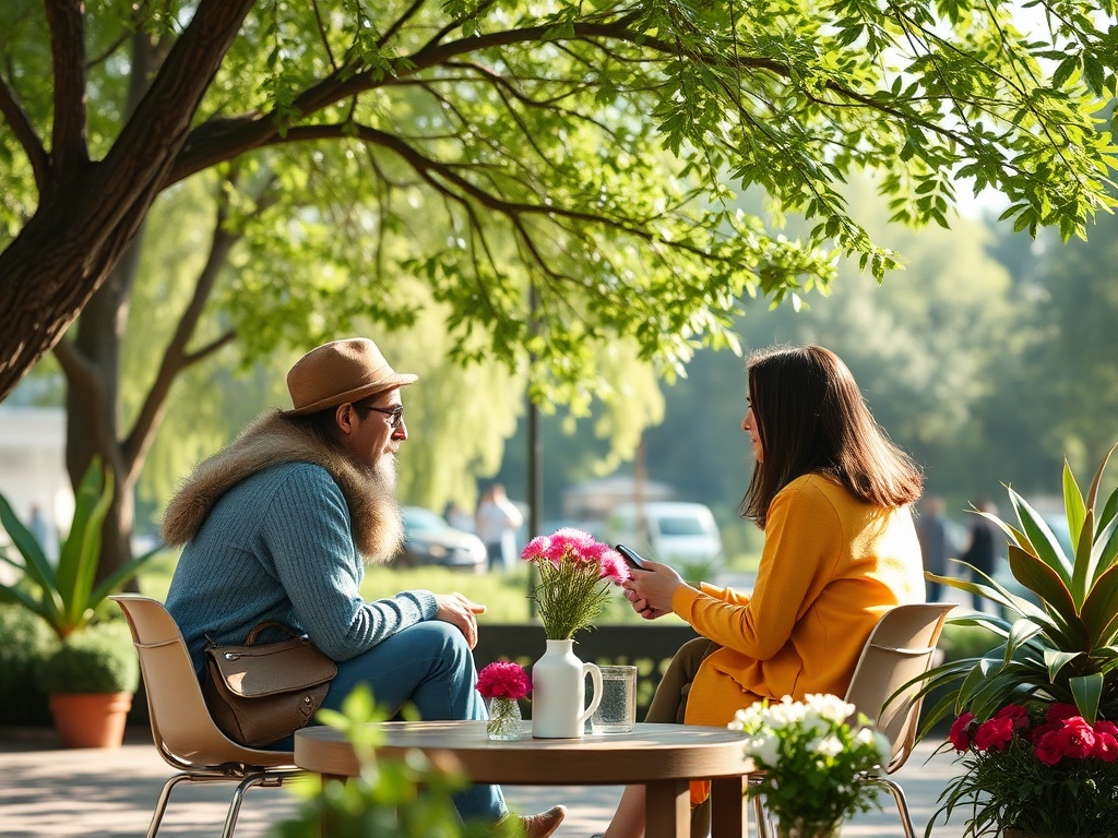 Два человека сидят за столиком в парке, наслаждаясь общением и природой. Цветы добавляют уюта.