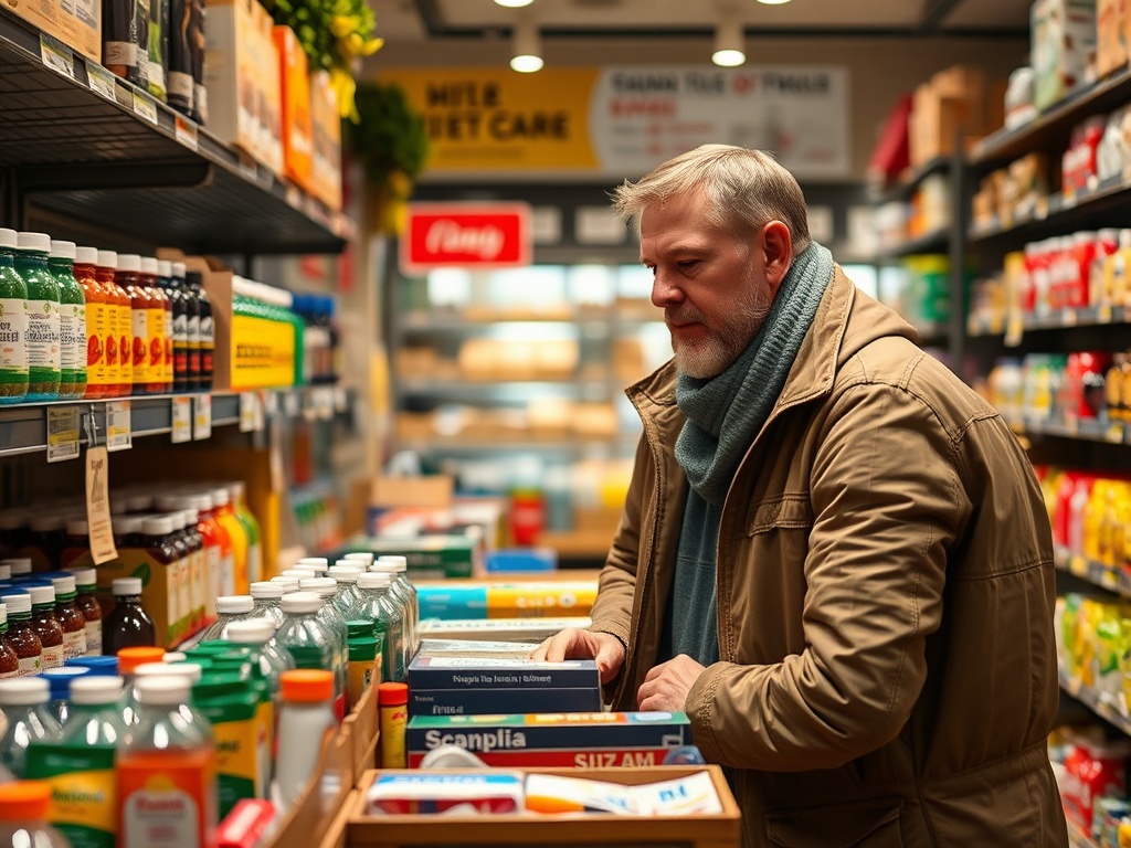 Мужчина в теплом пальто и шарфе выбирает продукты на полке в магазине, окруженный напитками и упаковками.