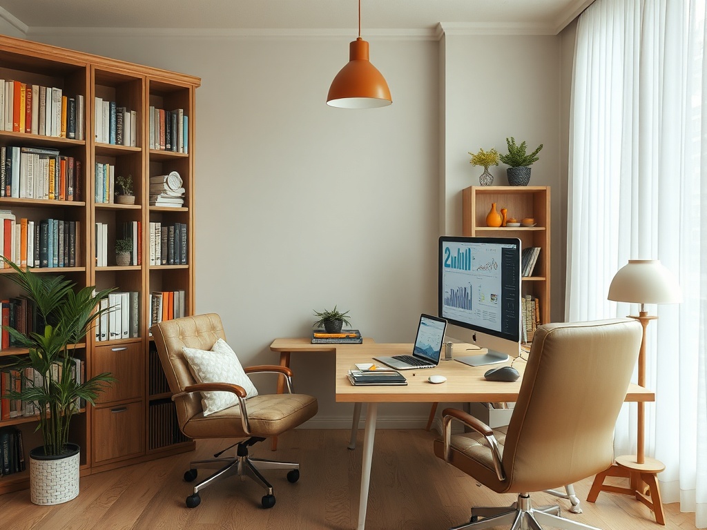 Современный офис с книгами, столом, компьютерами и уютными креслами. Светлое и комфортное пространство.