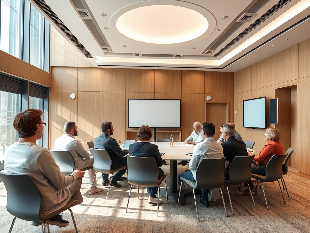 Деловая встреча в современном конференц-зале с участниками, сидящими за столом.
