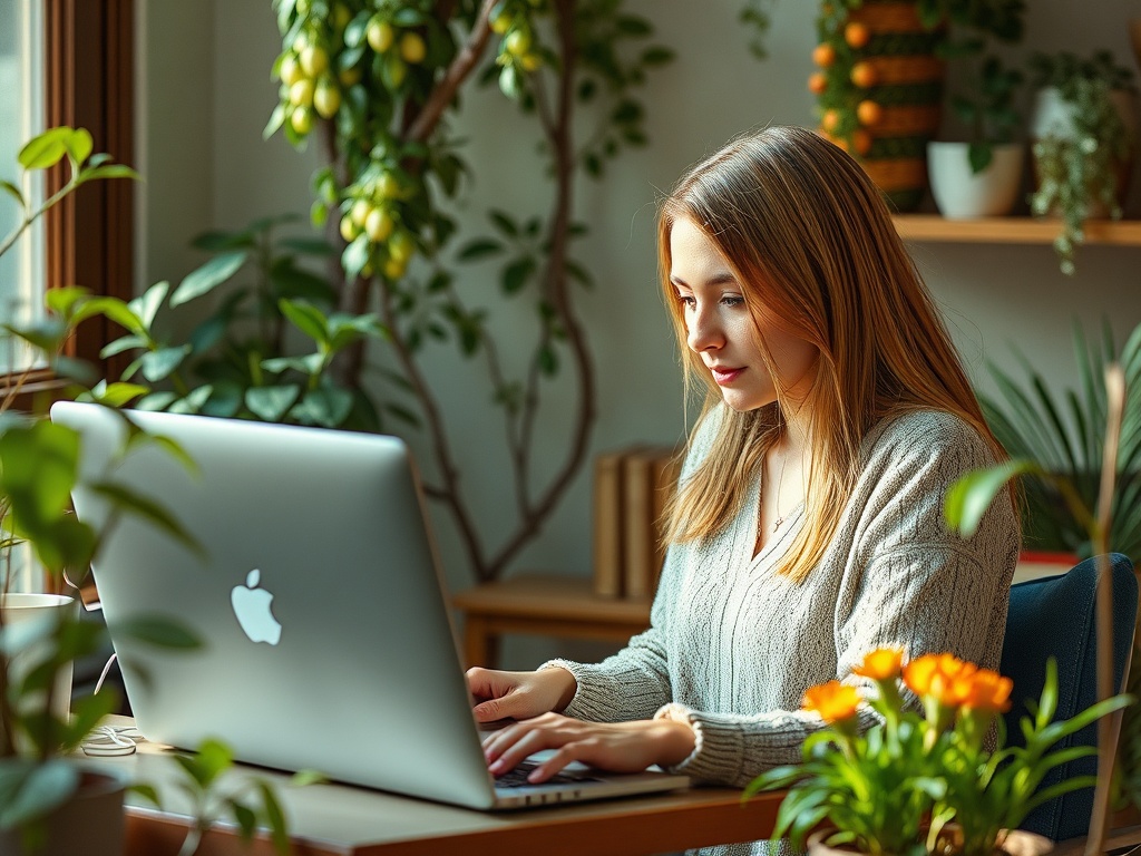 Молодая женщина работает за ноутбуком на фоне зелёных растений и солнечного света.