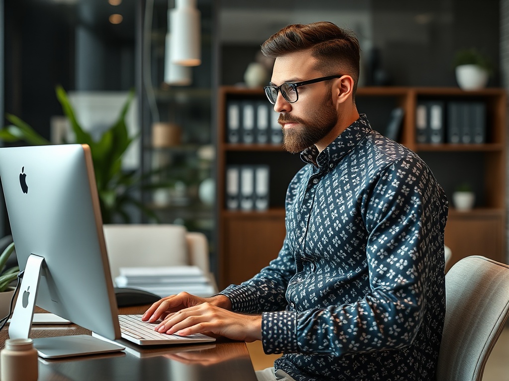 Молодой мужчина в очках работает за компьютером в стильном офисе, окружённом зелеными растениями.