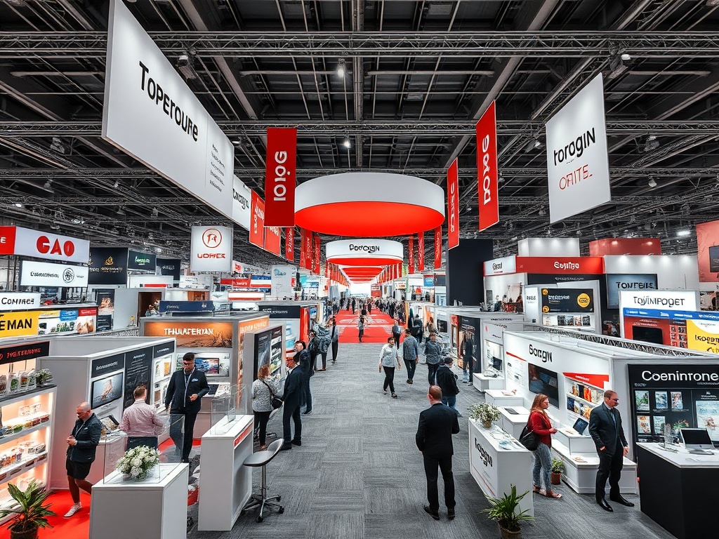 Выставочный центр с многочисленными стендами, посетителями и яркими рекламными баннерами.