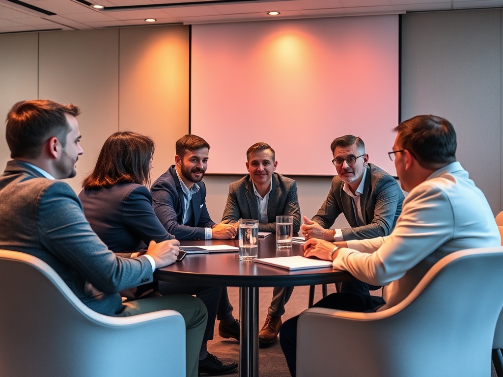 Группа людей в деловых костюмах обсуждает вопросы за круглым столом в офисе.