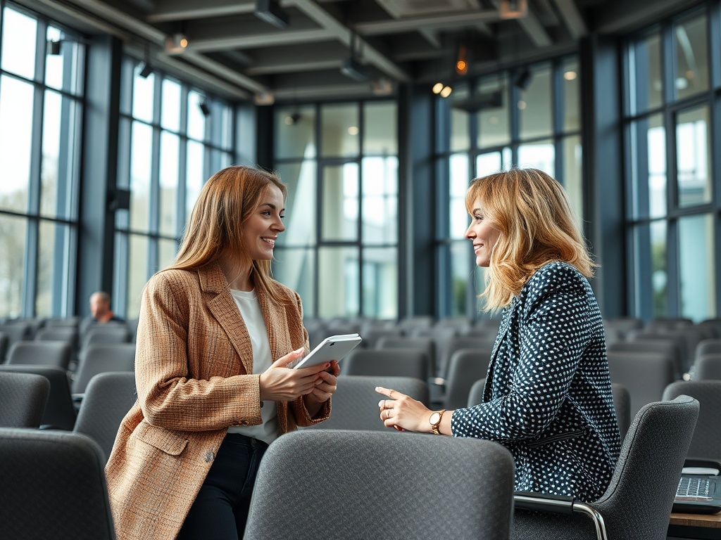Две женщины беседуют в аудитории, сидя на стульях и улыбаются друг другу. Взгляд открытый и дружелюбный.
