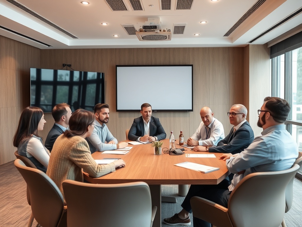 На совещании сидят восемь человек за круглым столом в офисе с презентационным экраном.