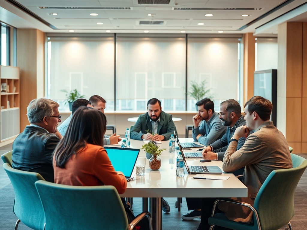 Группа профессионалов на совещании в современном офисе, обсуждающих идеи и стратегии.