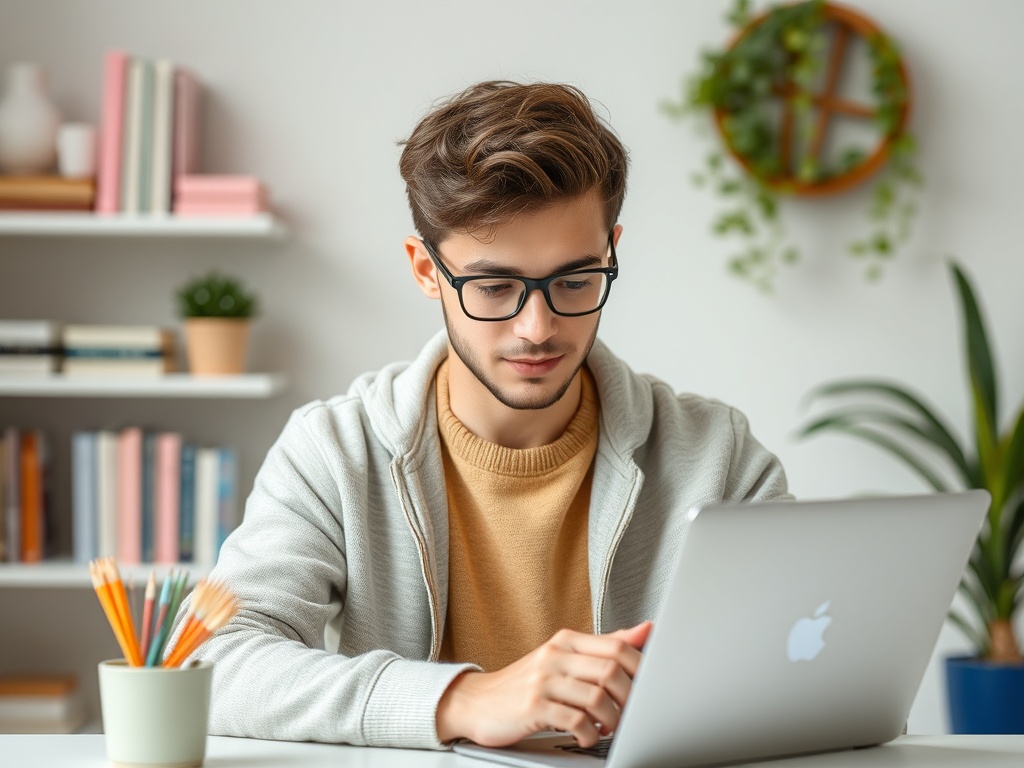 Молодой человек с ноутбуком сидит за столом, окружают книги и зеленые растения.