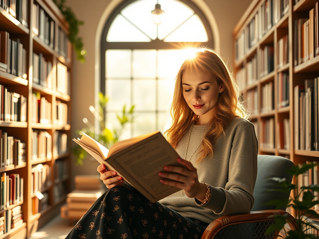 Молодая женщина читает книгу в библиотеке, солнце светит через окно, создавая уютную атмосферу.