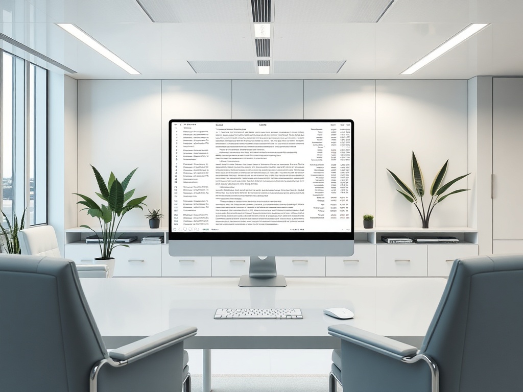 Современный офис с монитором и растениями на столе, уютная атмосфера для работы и встреч.