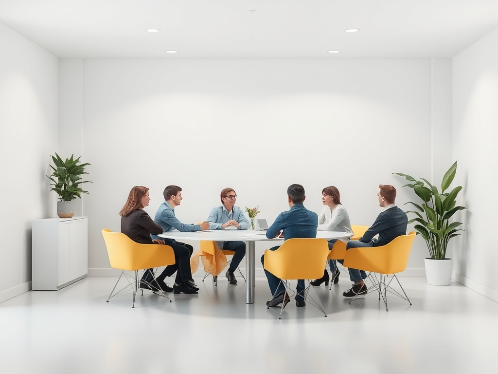 В会议室 сидит группа людей за круглым столом, обсуждая идеи и проекты. Стены белые, мебель современная.