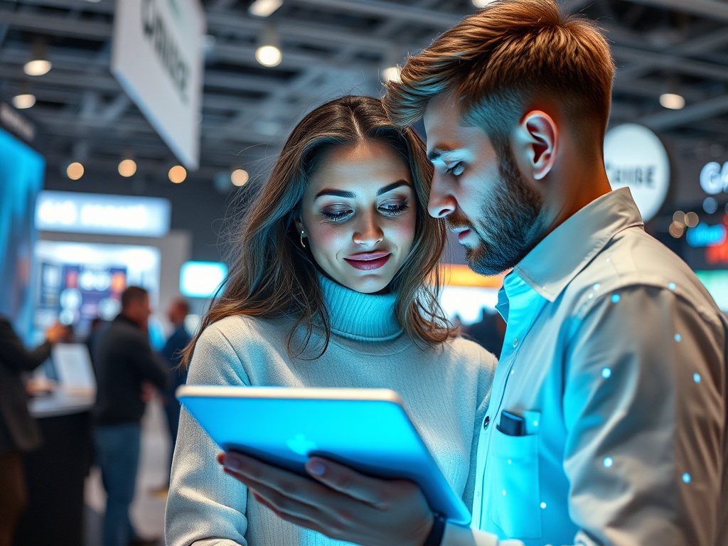 Молодая пара смотрит на планшет, обсуждая информацию на фоне выставки с яркими огнями.