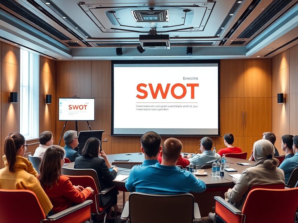В помещении для совещаний группа людей слушает презентацию SWOT-анализа на проекторе.
