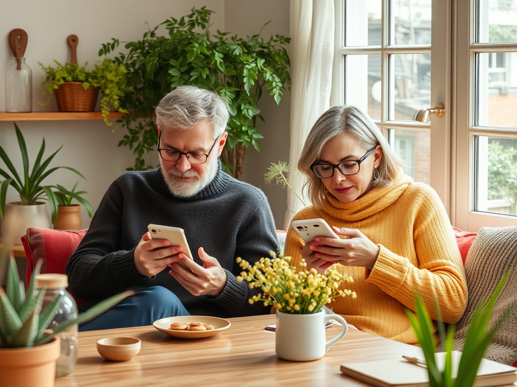 Два человека сидят за столом, смотрят в телефоны. Вокруг зелёные растения и уютная обстановка.