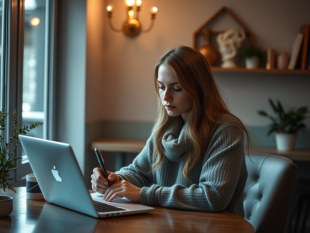 Молодая женщина в свитере работает за столом с ноутбуком, записывая что-то с ручкой в руках.