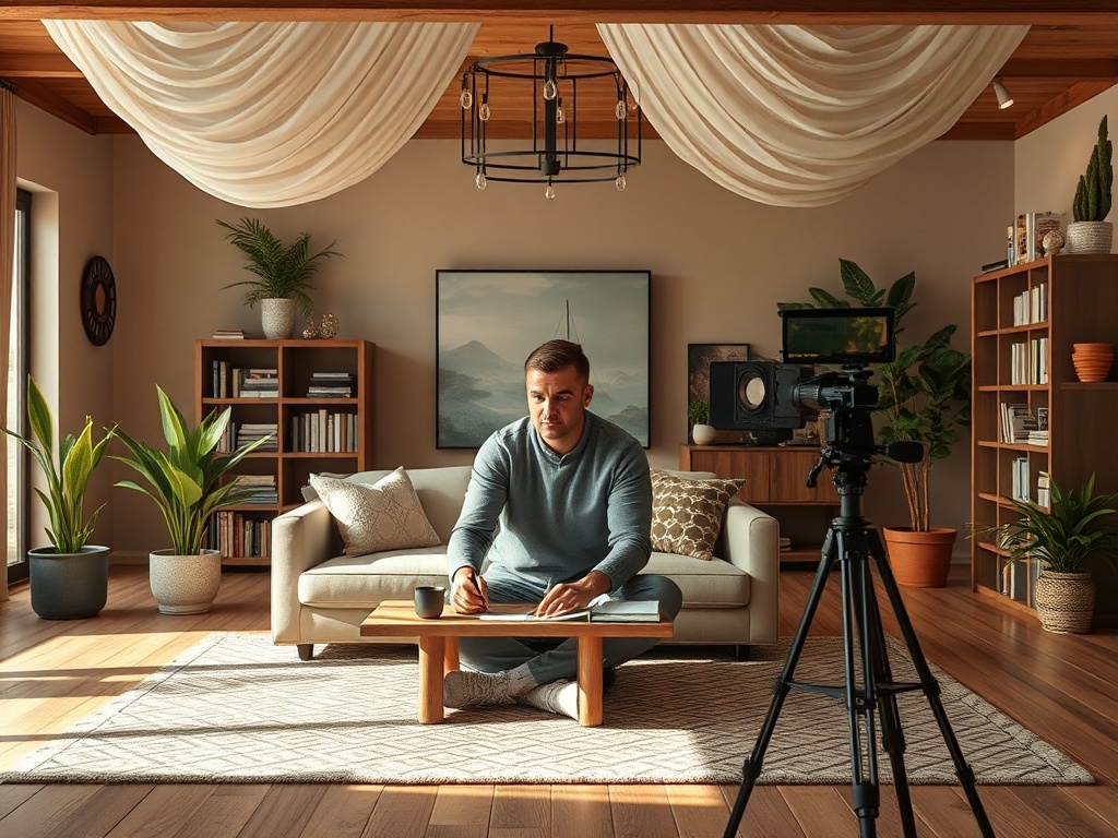 Мужчина сидит на полу в уютной комнате, готовясь к съемке на камеру. Растения и книги вокруг создают комфортную обстановку.