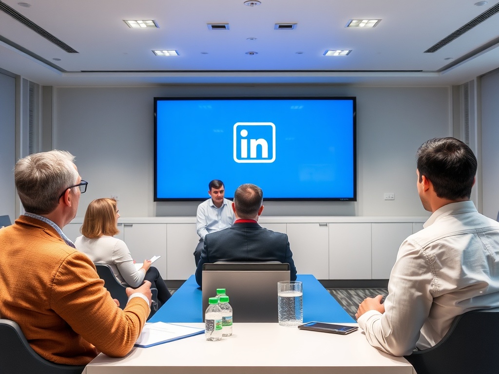 На встрече обсуждаются темы, связанные с LinkedIn, участники сидят, слушают спикера.