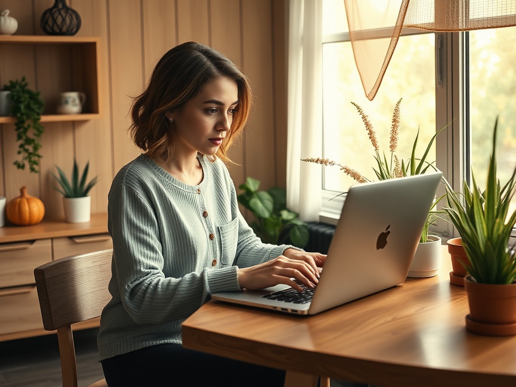 Молодая женщина сидит за столом с ноутбуком в уютной комнате, окруженной зеленью и тыквой.