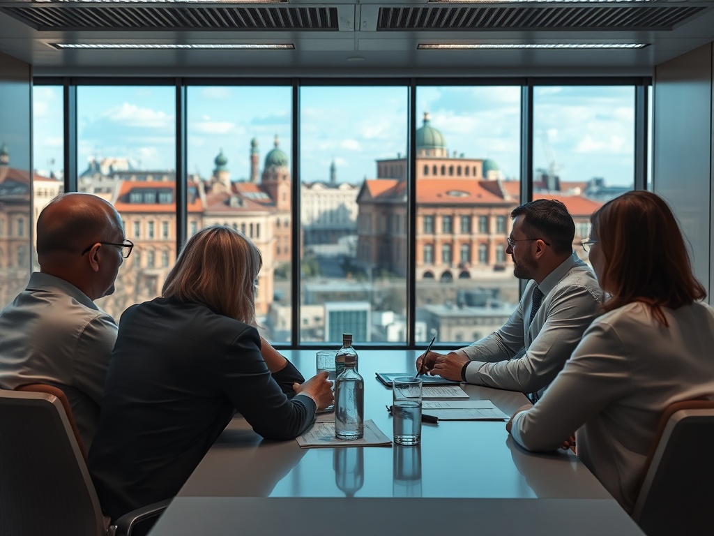Группа людей на деловой встрече с видом на город через окна. Обсуждение деловых вопросов.