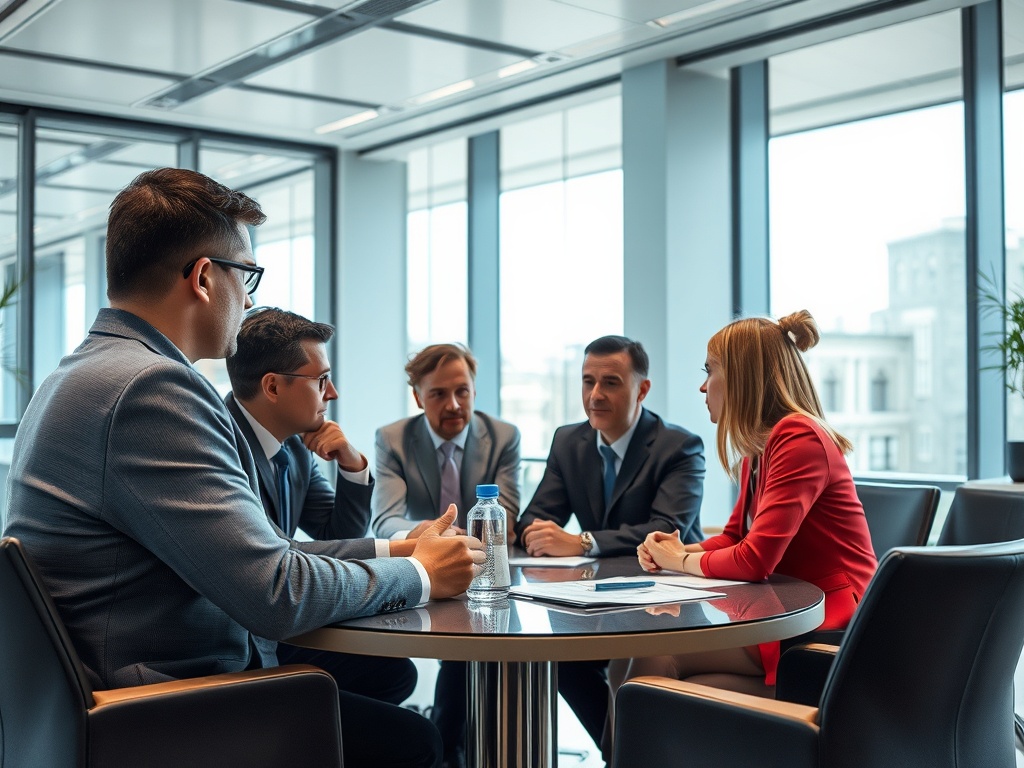 Группа людей в деловой встрече обсуждает вопросы за круглым столом в современном офисе.