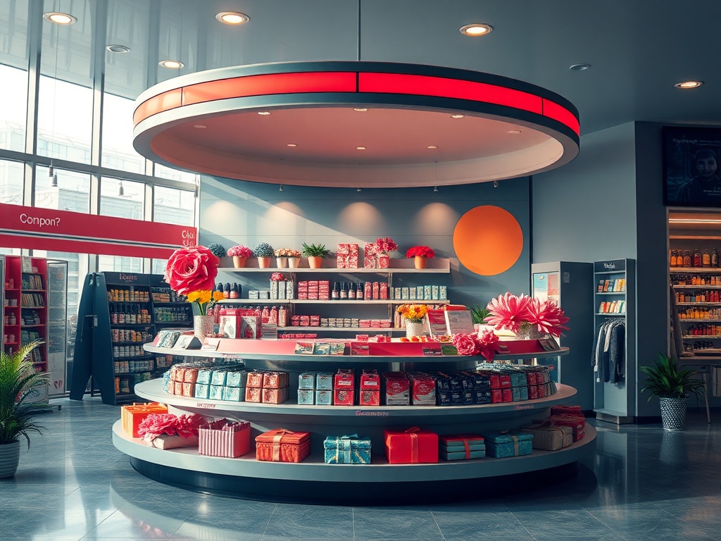Современный магазин с круглой витриной, яркими упаковками и цветами, создающий уютную атмосферу.