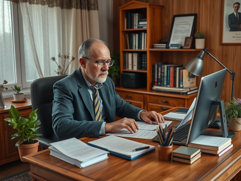 На изображении деловой мужчина в офисе, работающий за компьютером среди книг и растений.