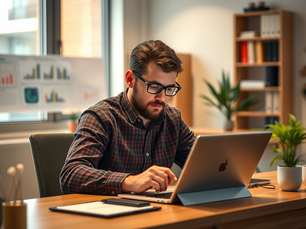 Молодой человек работает за столом с ноутбуком в современном офисе, окружённом растениями и графиками.