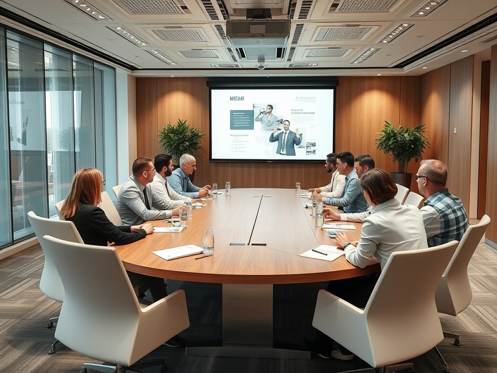 В конференц-зале группа людей обсуждает проект, проекция презентации на стене.