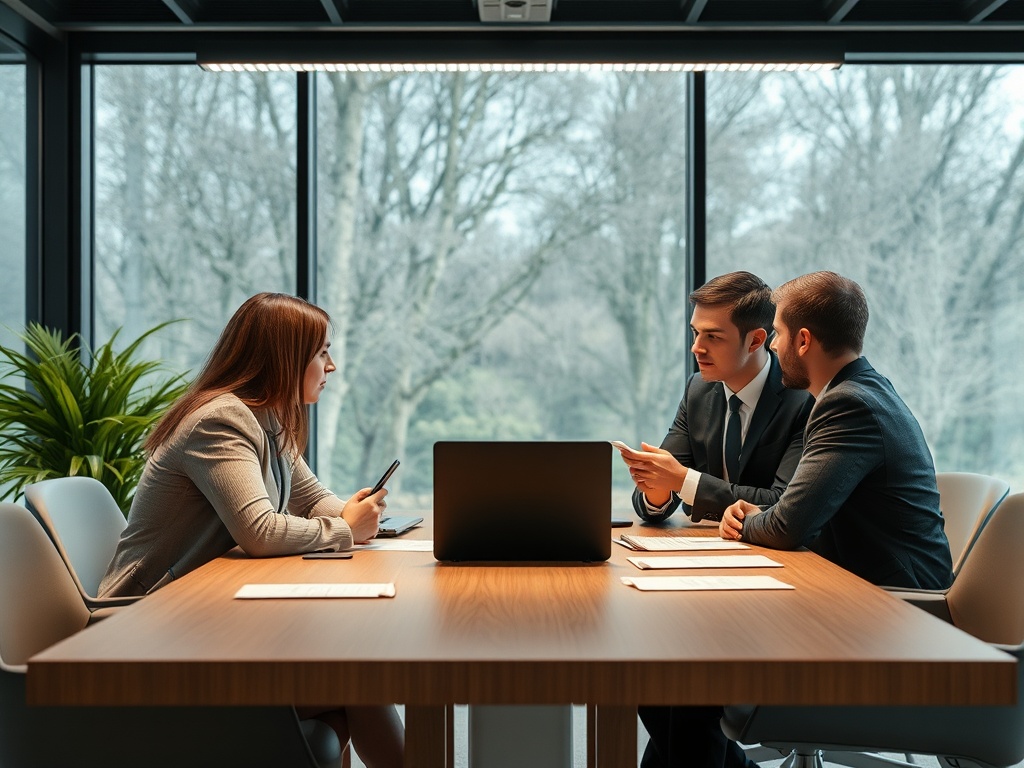 Трое людей в деловом костюме ведут обсуждение за столом в офисе с большими окнами.