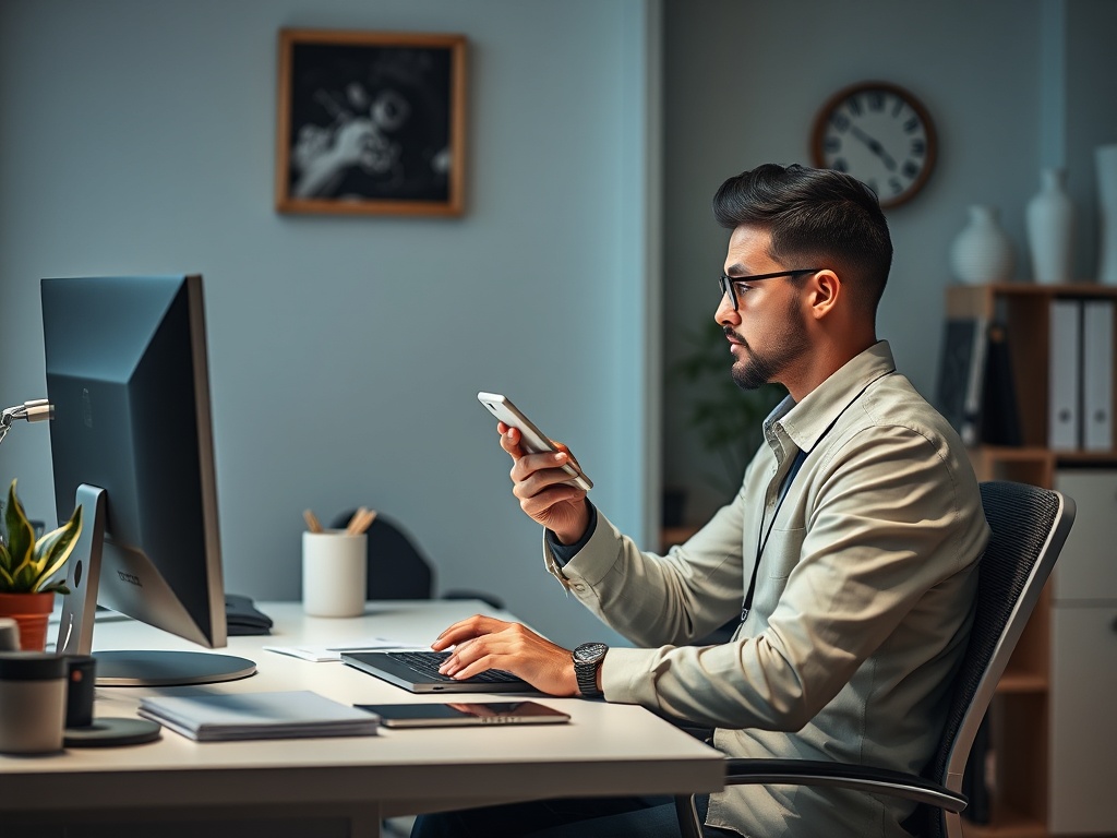 Человек в офисе сидит за столом, смотрит на экран компьютера и держит телефон в руке.